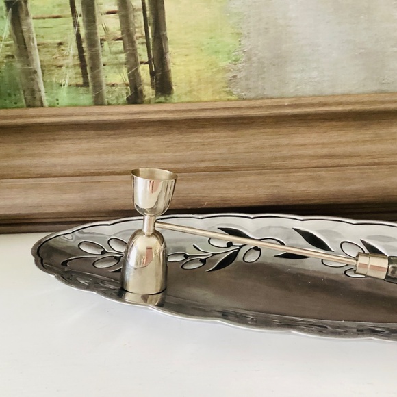 Lenox Silver Oval Tray Olive Branch W/ Scalloped Edge And Candle Snuffer Decor - Picture 2 of 12